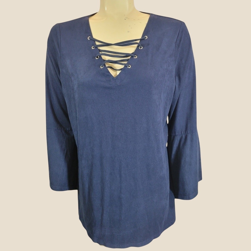 Relativity Blouse Faux Suede Lace Up Boho Bell Sleeve Navy Blue Top Large Womens